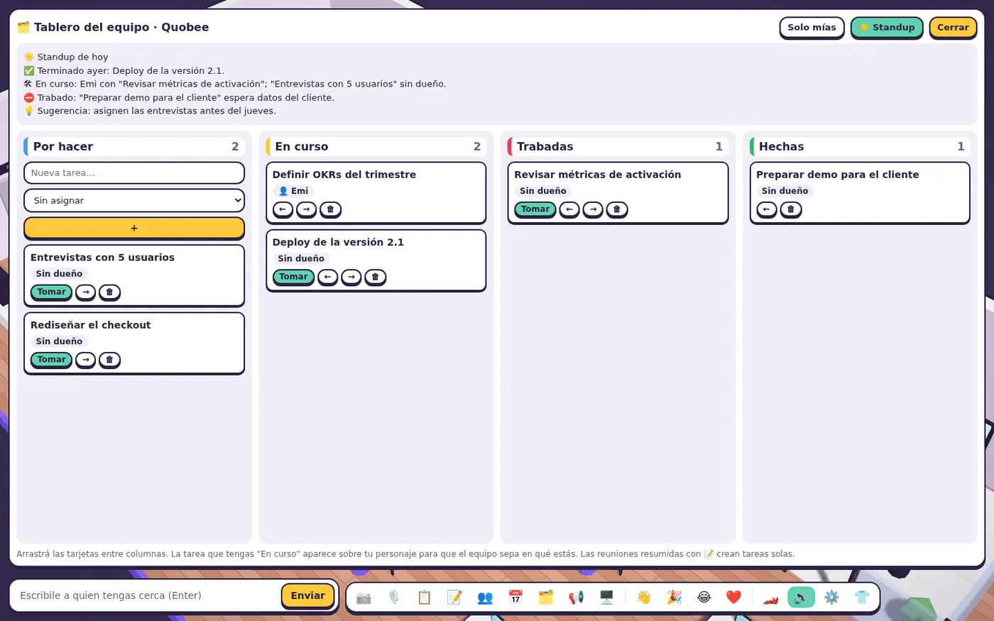 Tablero del equipo con columnas y el standup del día.